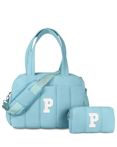 Vogewood Reisetasche, personalisierbar, Wochenendtasche, Übernachtungstasche für Damen, Reisetasche mit Make-up-Tasche, Geburtstagsgeschenke, Blau, P von Vogewood