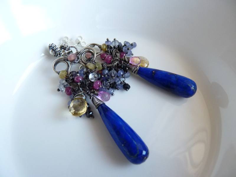 Lapis Lazurite, Pink Topaz, Rubin, Tansanit Und Zitronenquarz Sterling Silber Ohrringe Lapis Lazurite, Pink Topaz, Rubin, Tansanit Und Zitronenquarz Sterling Silber Ohrringe von VoglioLaLuna