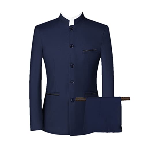 Herren Casual Stehkragen 3-teiliges Anzug-Set Slim Fit Blazer Hose Weste, 2-teiliges Set in Marineblau, Large von Vogrtcc
