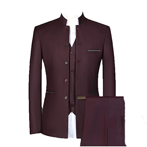 Herren Casual Stehkragen 3-teiliges Anzug-Set Slim Fit Blazer Hose Weste, 3-teiliges Set, Weinrot, XX-Large von Vogrtcc
