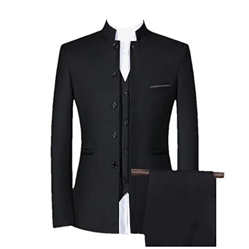 Herren Casual Stehkragen 3-teiliges Anzug-Set Slim Fit Blazer Hose Weste, 3-teiliges Set, schwarz, XXXL von Vogrtcc