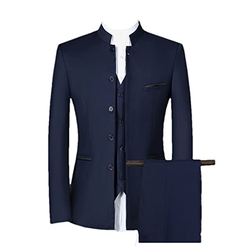 Herren Casual Stehkragen 3-teiliges Anzug-Set Slim Fit Blazer Hose Weste, 3-teiliges Set in Marineblau, Large von Vogrtcc