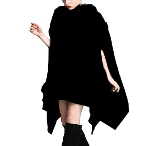 Vogrtcc Asymmetrischer Langer Poncho-Umhang Mit Pelzkragen Für Damen Mit Geteiltem Modischem Langarm-Strickschal-Umhang-Umhang von Vogrtcc