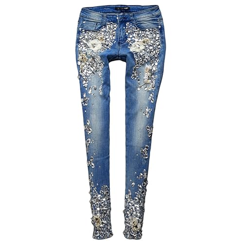 Vogrtcc Damen Bling Strass Mid-Rise Skinny Jeans Mit Taschen Damen Handgefertigte Stretch-Bleistifthose Mit Diamantperlen Blue 27 von Vogrtcc