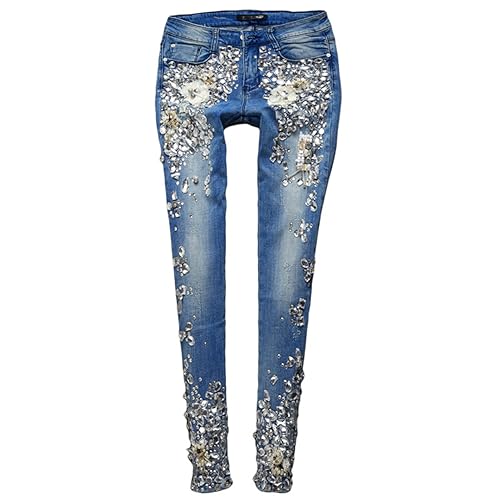 Vogrtcc Damen Bling Strass Mid-Rise Skinny Jeans Mit Taschen Damen Handgefertigte Stretch-Bleistifthose Mit Diamantperlen Blue 29 von Vogrtcc