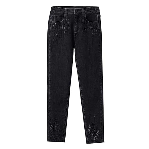 Vogrtcc Damen-Jeans Mit Mittelhohem Bund Und Strasssteinen Röhrenjeans Mit Taschen Schmale Passform Knöchellange Stretch-Bleistiftjeans Für Mädchen Black L von Vogrtcc