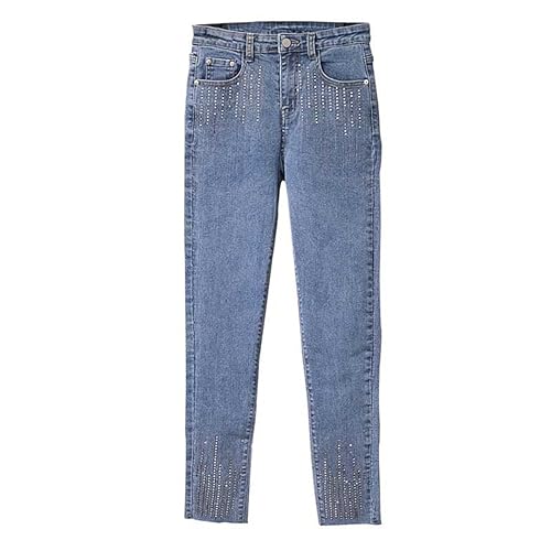 Vogrtcc Damen-Jeans Mit Mittelhohem Bund Und Strasssteinen Röhrenjeans Mit Taschen Schmale Passform Knöchellange Stretch-Bleistiftjeans Für Mädchen Light Blue XXL von Vogrtcc