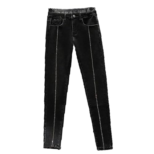 Vogrtcc Damen-Jeans Mit Schmaler Passform Buchstaben-Strasssteinen Stretch-Röhrenjeans Mit Taschen Gerades Bein Knöchellange Hose Black XL von Vogrtcc
