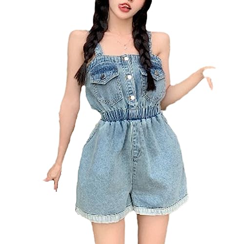 Vogrtcc Damen-Jeans-Overall Mit Elastischer Taille Blau Weites Bein Jean-Playsuit Lässige Taschen Button-Down-Strampler von Vogrtcc