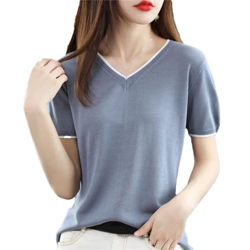 Vogrtcc Damen Lose Dünn V-Ausschnitt Kurzarm T-Shirt Strick Halbarm Casual Tops, S R, M von Vogrtcc