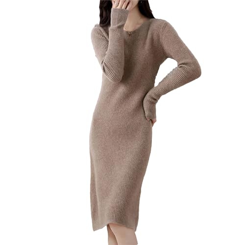 Vogrtcc Damen Slouchy Soft Kaschmir Pullover Kleider Rundhals Langarm Strickkleid Herbst Casual Warm Midi Kleid für Arbeit, hellbraun, XXS von Vogrtcc