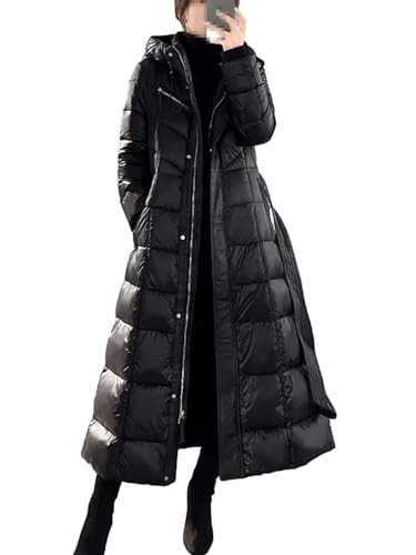 Vogrtcc Damen-Winter-Reißverschlussgürtel Lange Daunenjacke Mit Taschen Schwarzer Langärmliger Puffermantel Mit Kapuze Für Damen In Übergröße von Vogrtcc