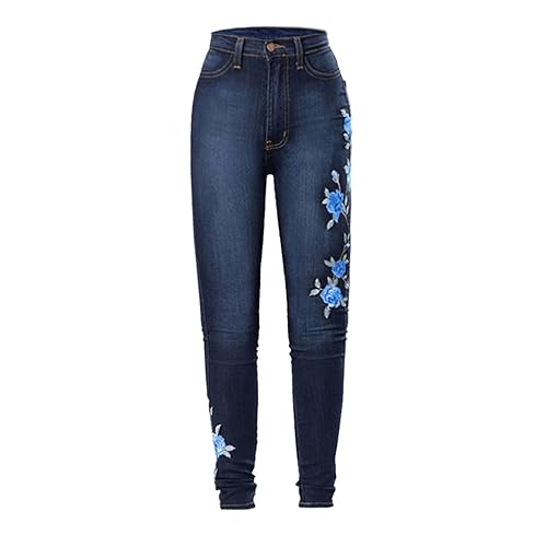 Vogrtcc Dehnbare Skinny-Jeans Mit Blumenstickerei Für Damen Und Taschen Knöchellange Bauchregulierende Junior-Jeans Blue S von Vogrtcc