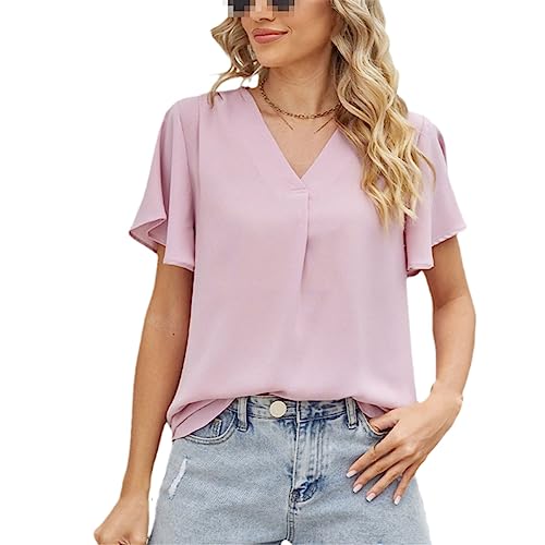 Vogrtcc Frauen Sommer Rüschen Kurzarm V-Ausschnitt Chiffon Blusen Plissee Pullover Tunika Tops Pink S von Vogrtcc