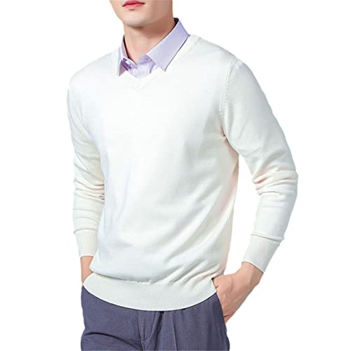 Vogrtcc Herren Pullover Kaschmirmischung Stricken V-Ausschnitt Pullover Wolle Strickwaren Pullover Kleidung, V-Ausschnitt. Weiß/Beige, Large von Vogrtcc
