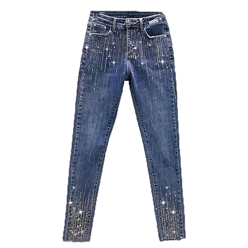 Vogrtcc Mittelhohe Skinny-Jeans Mit Strasssteinen Für Damen Und Taschen Schmale Passform Knöchellang Gerades Bein Eng Anliegende Jeans Blue L von Vogrtcc