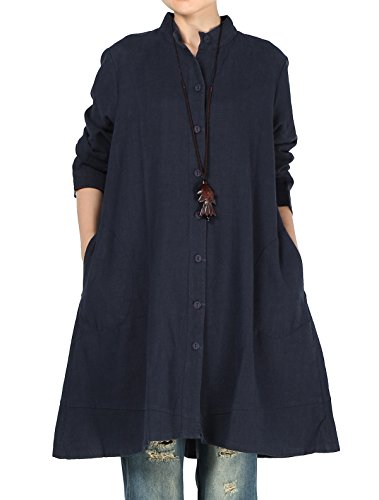 Vogstyle Damen Herbst Baumwolle Leinen Voller vorderer Knopf Blouse Kleid mit Taschen Style 1 Large Navy von Vogstyle