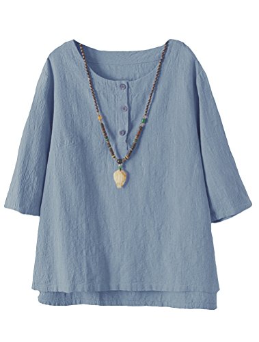 Vogstyle Damen Baumwoll Leinen Tunika T-Shirt Jacquard Oberseiten, Blau, XXL von Vogstyle