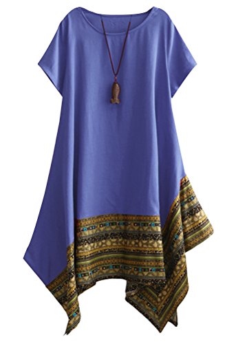 Vogstyle Damen Sommer Kleid Kurzarm Unregelmäßige Saum Ethnisch Mischfarben Baumwolle Leinen Lang Bluse Shirt, XXL, Blau von Vogstyle