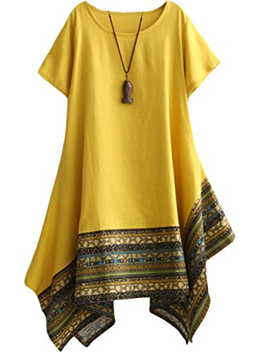 Vogstyle Damen Sommer Kleid Kurzarm Unregelmäßige Saum Ethnisch Mischfarben Baumwolle Leinen Lang Bluse Shirt, M, Gelb von Vogstyle