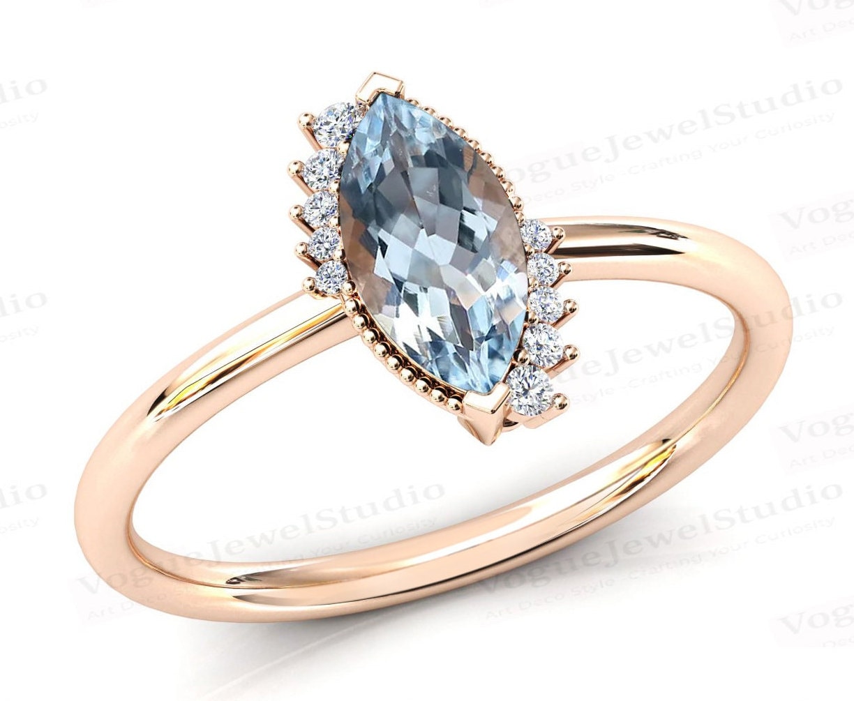 14K Gold Aquamarin Verlobungsring Vintage Ehering Für Frauen Jahrestag Geschenk Marquise Cut Brautring von VogueJewelStudio