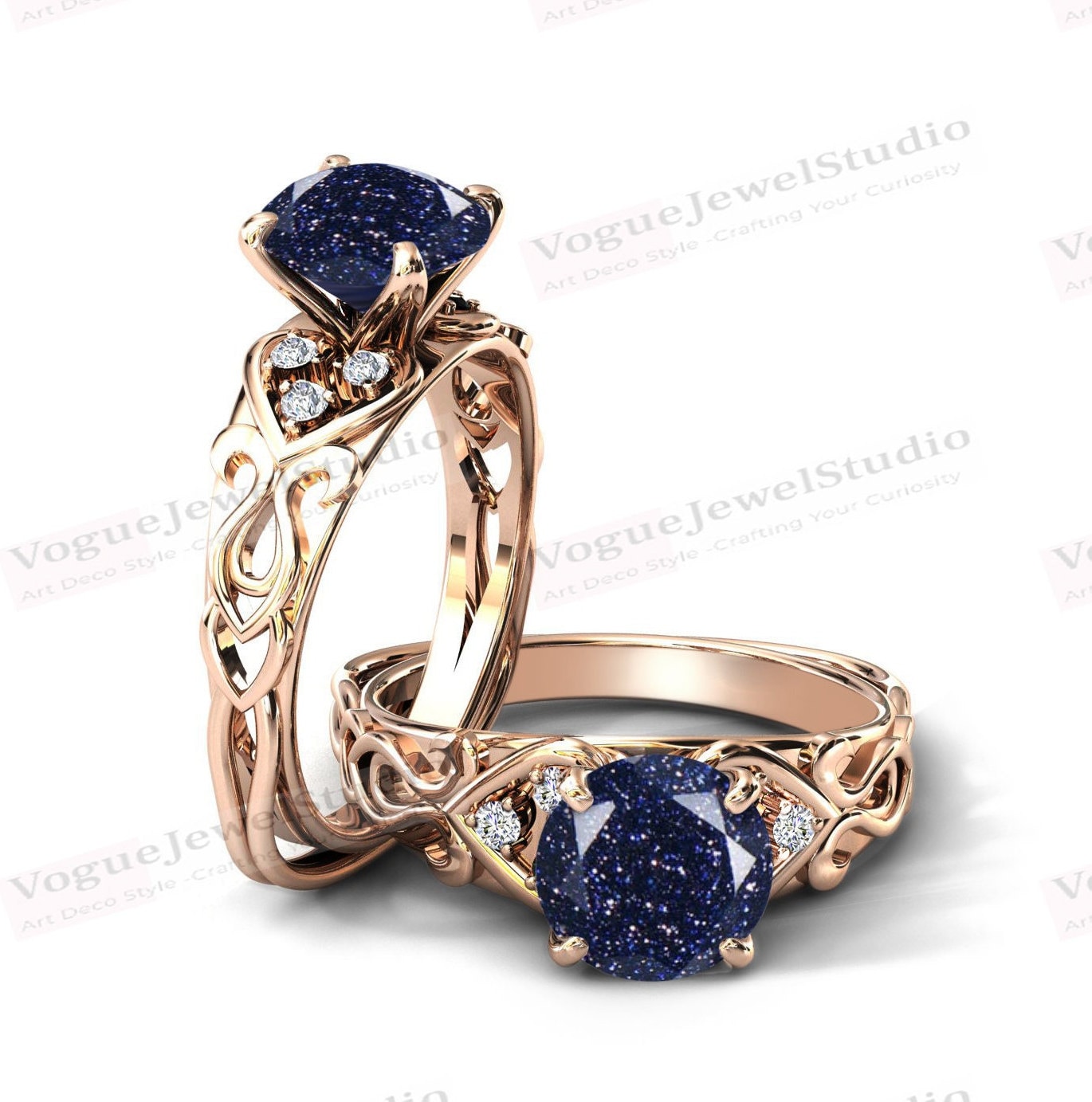 14K Gold Blauer Sandstein Verlobungsring Für Frauen Art Deco Vintage Ehering Blauer Hochzeit Jahrestag Geschenk von VogueJewelStudio