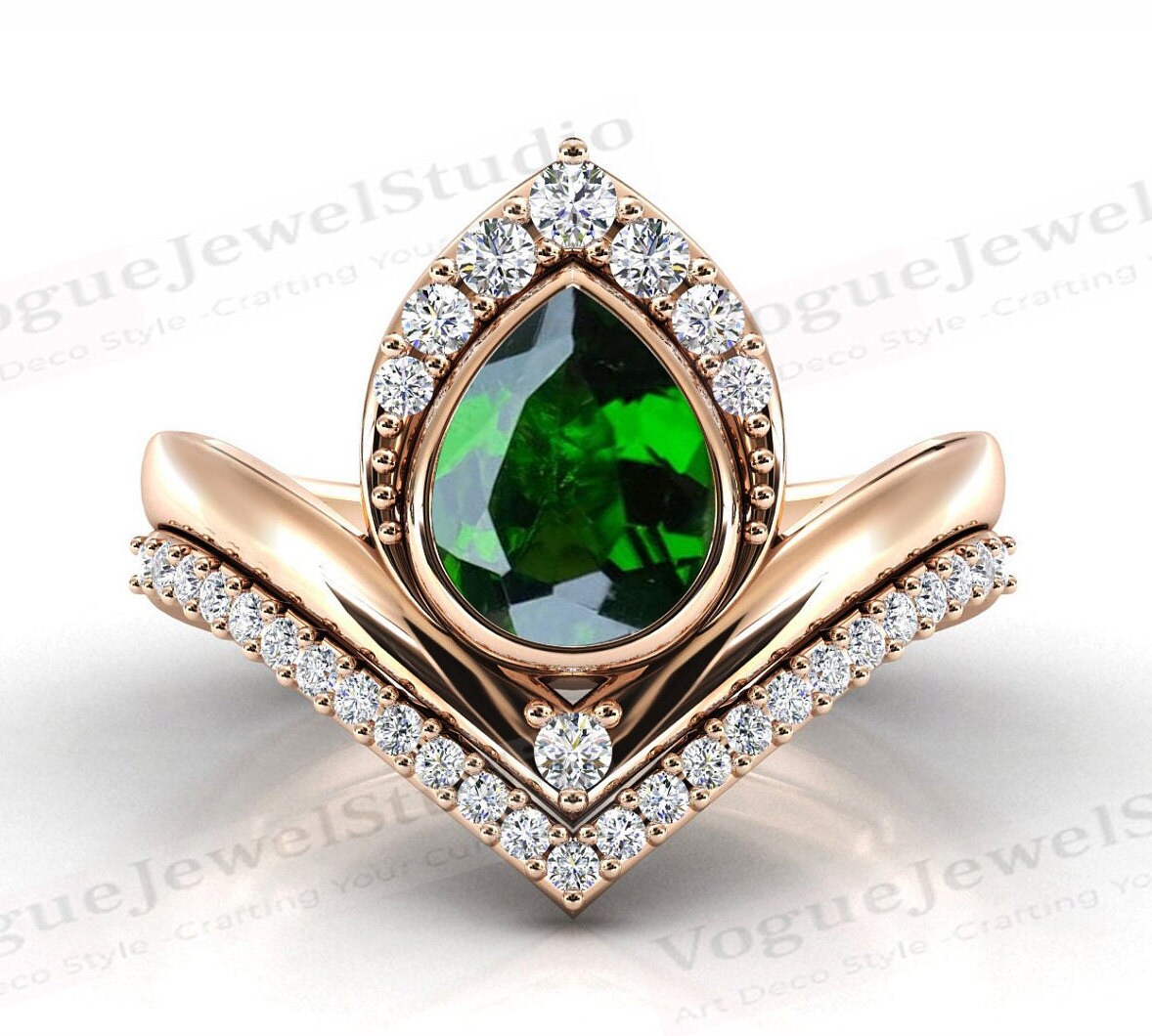 14K Gold Chrom Diopside Verlobungsring Set Art Deco Birne Form Grün Edelstein Ehering Antik Jahrestag Ring Geschenk Für Frauen von VogueJewelStudio