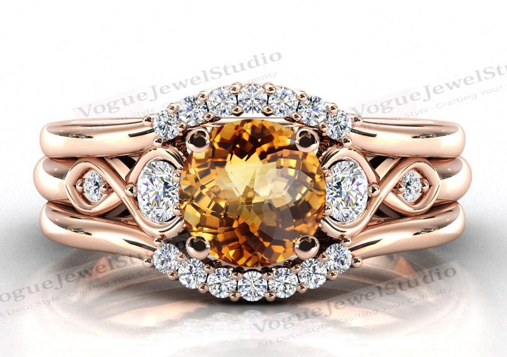 14K Gold Citrin Verlobungsring Set Für Frauen Art Deco 3 Stück Ehering 925 Sterling Silber Brautring Sie von VogueJewelStudio