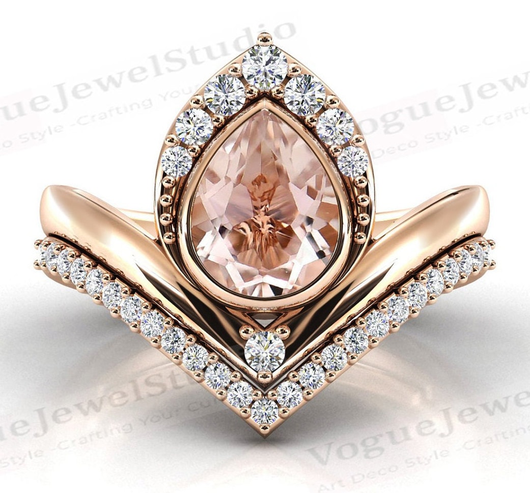 14K Gold Morganit Verlobungsring Set Für Frauen Art Deco Antik Ehering Rosegold 2 Stück Brautring von VogueJewelStudio