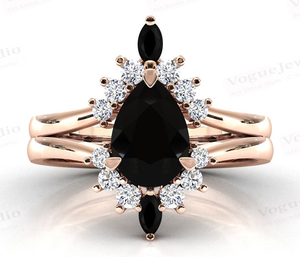 14K Roségold Schwarzer Onyx Verlobungsring Set Art Deco Pear Cut Ehering Für Frauen Antik Braut Jahrestag Ring von VogueJewelStudio