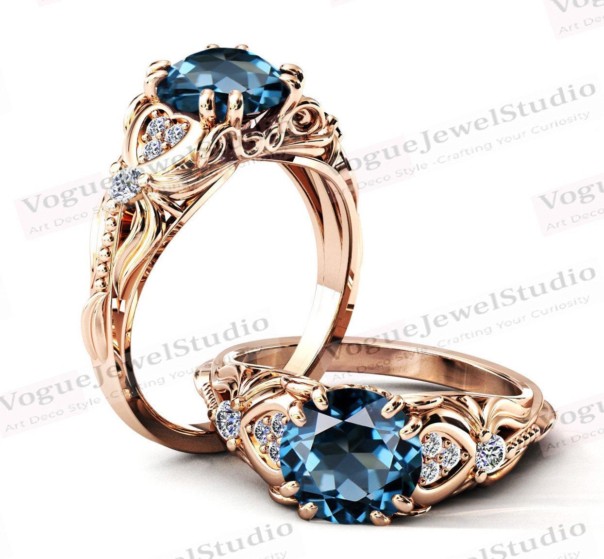 2Ct. 14K Rose Gold London Blautopas Verlobungsring Blauer Edelstein Art Deco Vintage Ehering Für Frauen von VogueJewelStudio