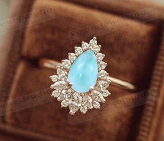 Antik Larimar Verlobungsring Pear Cut Halo Ehering 14K Gold Vintage Brautring Unikat Versprechen Ring von VogueJewelStudio