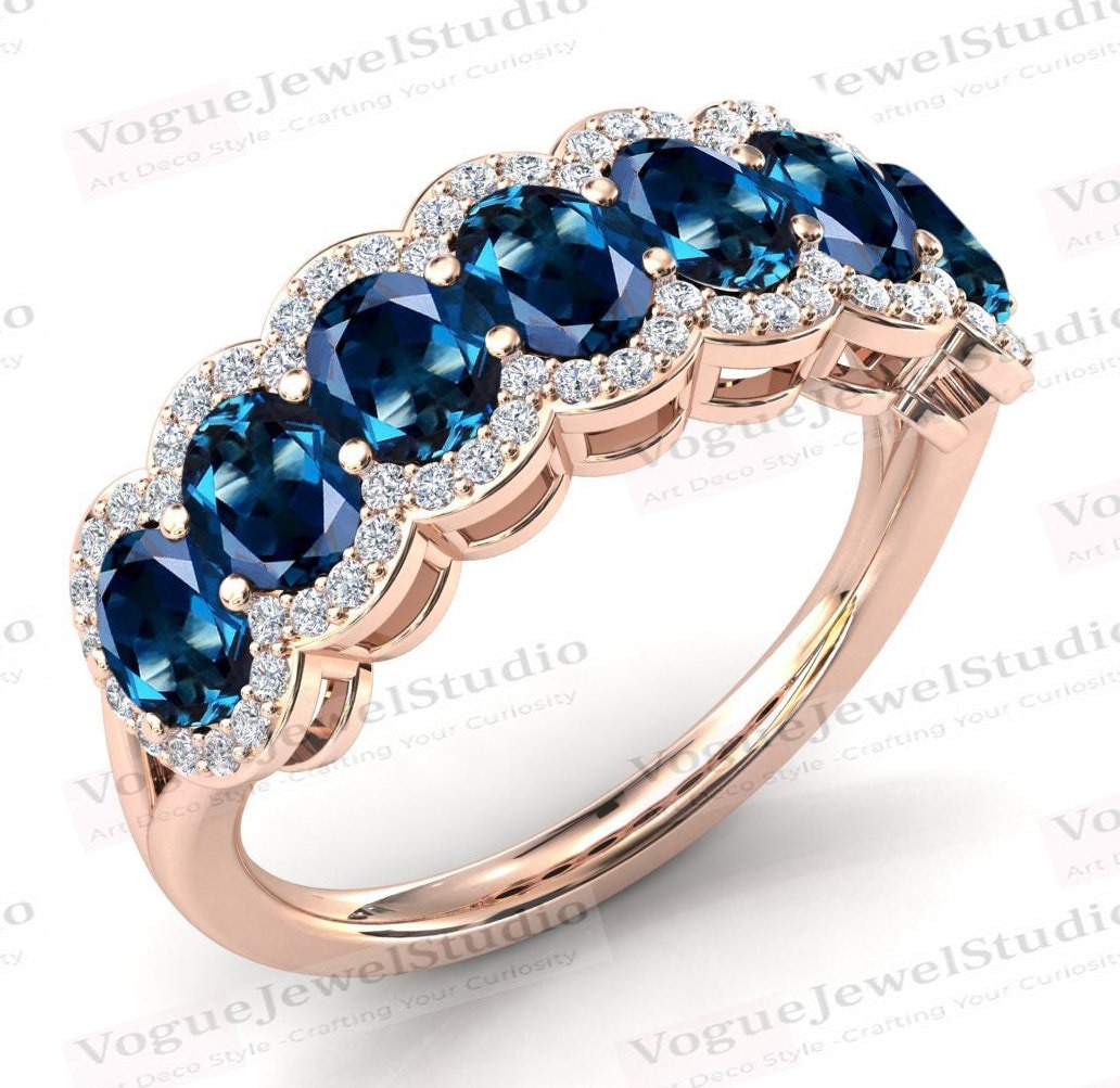 Antik London Blue Topas Eternity Band Für Frauen Rose Gold Verlobungsring Art Deco Blautopas Halb Ewigkeit Hochzeitsband von VogueJewelStudio