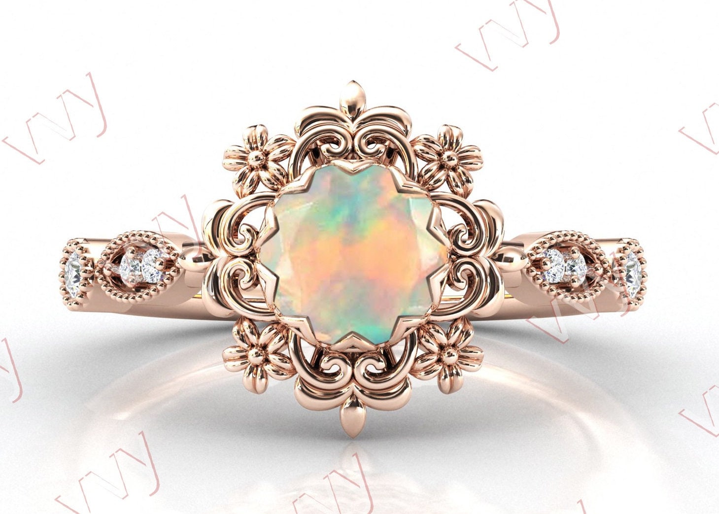 Antik Opal Verlobungsring Natur Feuer Floral 14K Rose Gold Ehering Filigran Stil Ring Für Frauen von VogueJewelStudio