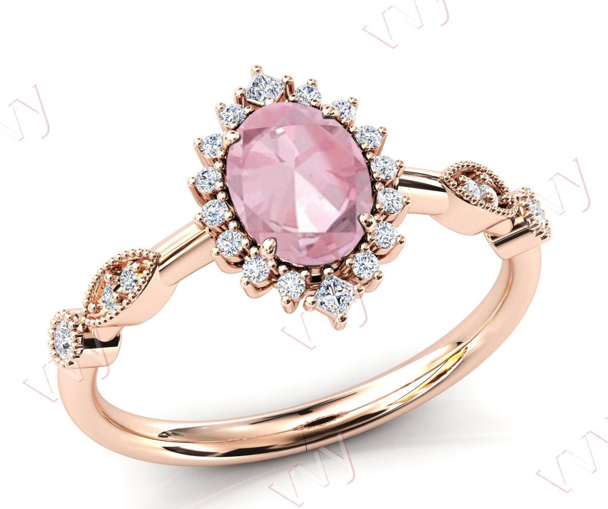 Antik Rosa Morganit Verlobungsring Oval Cut Halo Ehering 14K Rose Gold Braut Jahrestag Versprechen Ring von VogueJewelStudio