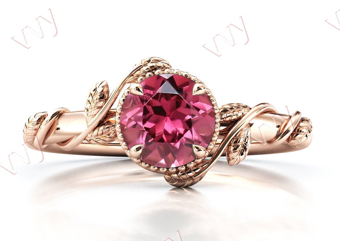 Antik Rosa Turmalin Verlobungsring Für Sie Roségold Frauen Ehering Vintage Blatt Stil Brautring von VogueJewelStudio