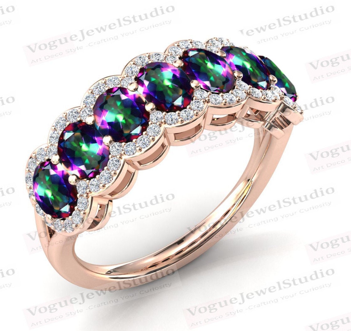 Antike Mystic Topas Verlobungsring Rose Gold Eternity Band Für Frauen Art-Deco-Vintage Halbe Ewigkeit Ehering von VogueJewelStudio