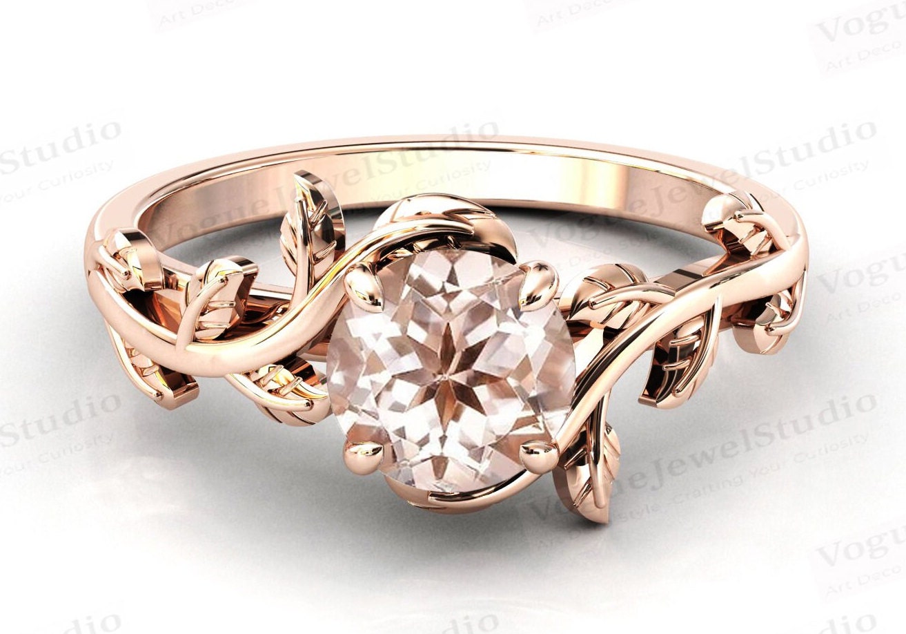 Antiker Morganit-Verlobungsring, Rosa Pfirsich-Morganit-Art-Deco-Ehering, Vintage-Blatt-stil, Morganit-Brautring, Einzigartiger Verlobungsring von VogueJewelStudio