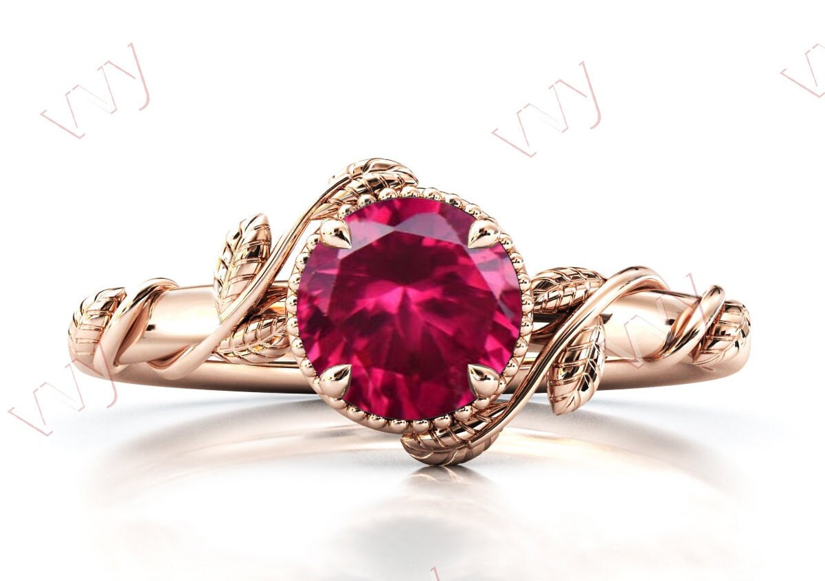 Antiker Roter Rubin Verlobungsring Für Frauen Art Deco Vintage Blatt Stil Ehering 14K Roségold Braut Jahrestag Versprechen Ring von VogueJewelStudio