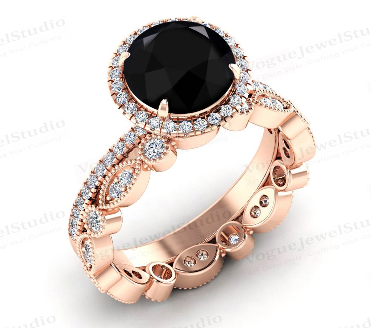 Antiker Schwarzer Onyx Verlobungsring Set Art Deco Halo Ehering Für Frauen Vintage Unikat Braut Versprechen Ring von VogueJewelStudio