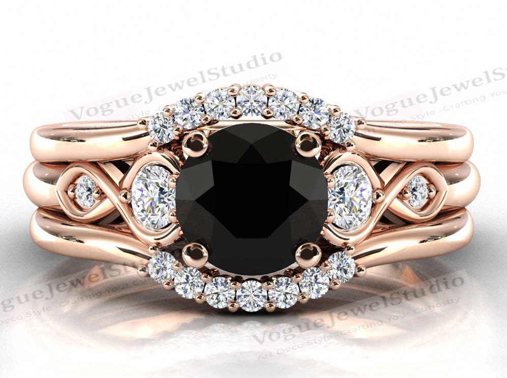 Antiker Schwarzer Onyx Verlobungsring Set Für Frauen Rosegold Schwarz Ehering Art Deco Brautring Jahrestag Geschenk von VogueJewelStudio