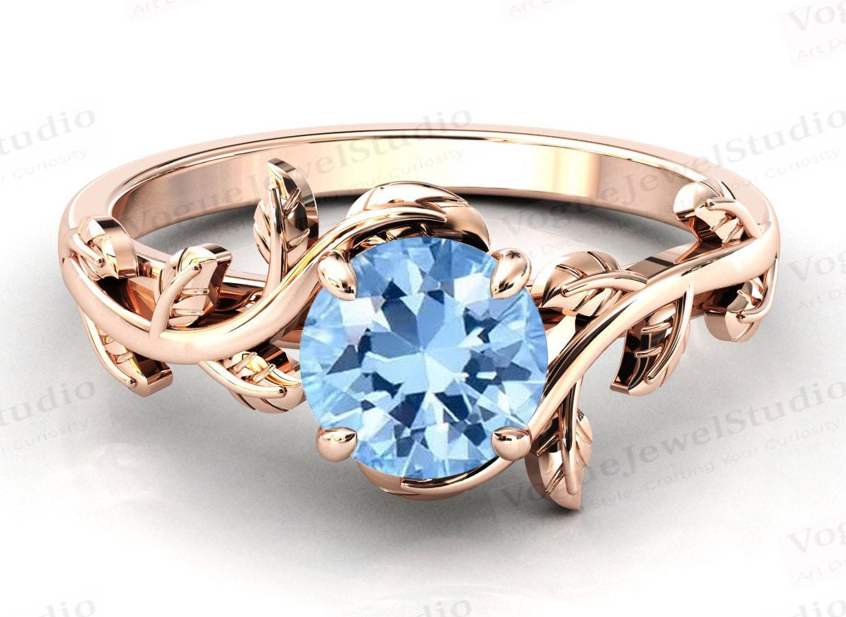 Art Deco Blatt Stil Sky Blue Topas Verlobungsring Für Frauen Antik Blautopas Ehering Natur Inspiriert Braut Versprechen Ring von VogueJewelStudio