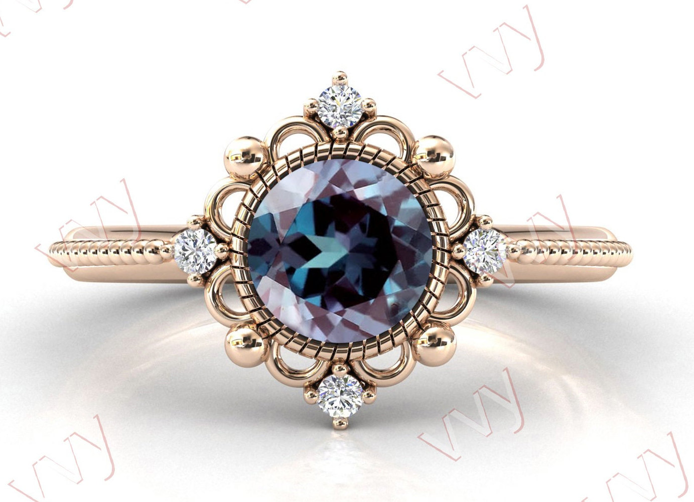 Art Deco Filigraner Alexandrit Verlobungsring Roségold Antiker Ehering Vintage Brautschmuck Ring Für Sie von VogueJewelStudio