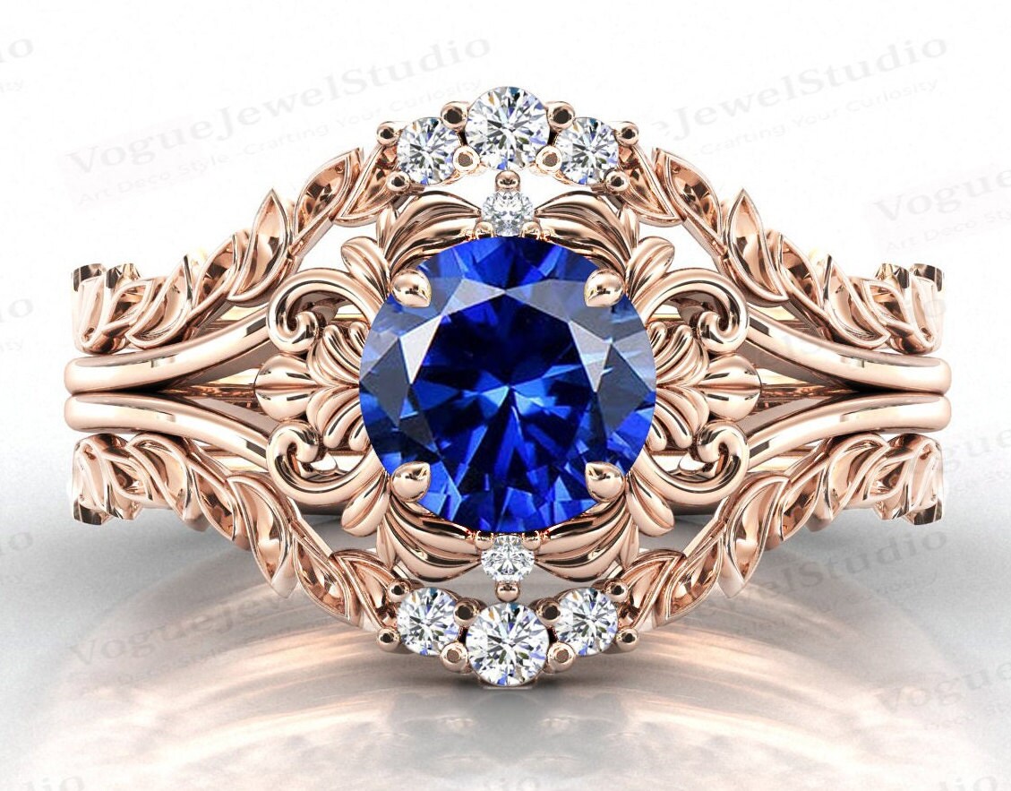 Art Deco Floral Blau Saphir Verlobungsring Set Vintage Ehering Jahrestag Ring Antik Brautring von VogueJewelStudio