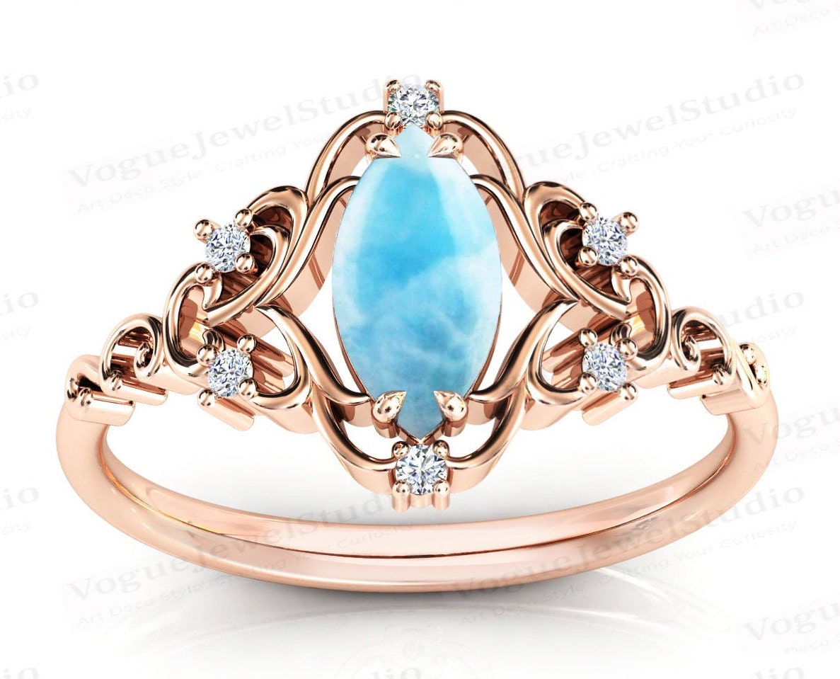 Art Deco Larimar Verlobungsring Marquise Cut Filigran Ehering 14K Roségold Brautring Für Frauen Vintage von VogueJewelStudio