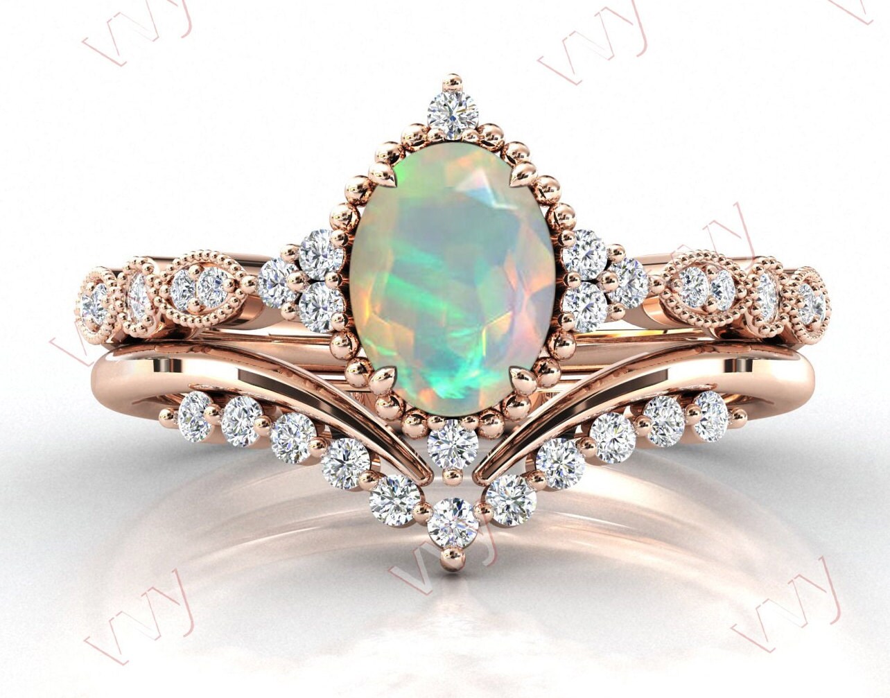 Art Deco Opal Verlobungsring Set Roségold Ring 925 Silber Antik Ehering Vintage Braut von VogueJewelStudio