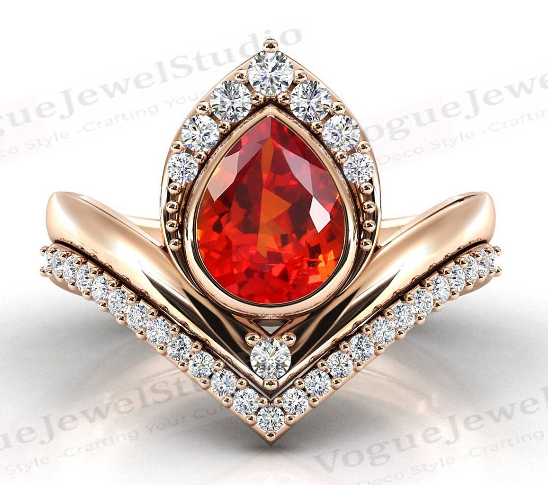 Art Deco Orange Saphir Verlobungsring Set Für Frauen Birnenschliff Antik Ehering Rosegold 2 Stück Brautring von VogueJewelStudio