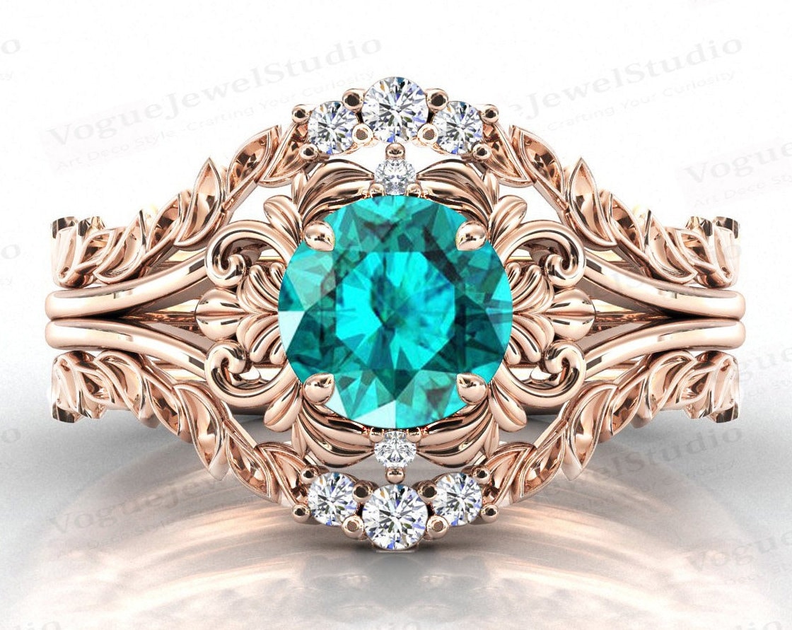 Art Deco Paraiba Turmalin Verlobungsring Set Vintage Ehering Für Frauen Antik Blatt Stil Brautring von VogueJewelStudio