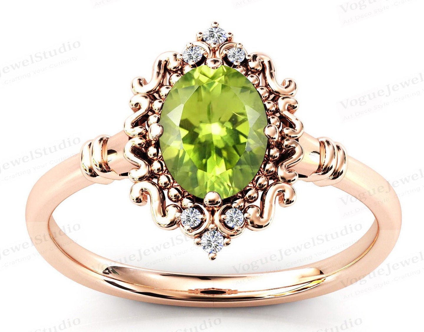 Art Deco Peridot Verlobungsring Oval Cut Filigran Ehering Für Frauen Antik Edelstein Ring 14K Gold Brautring von VogueJewelStudio