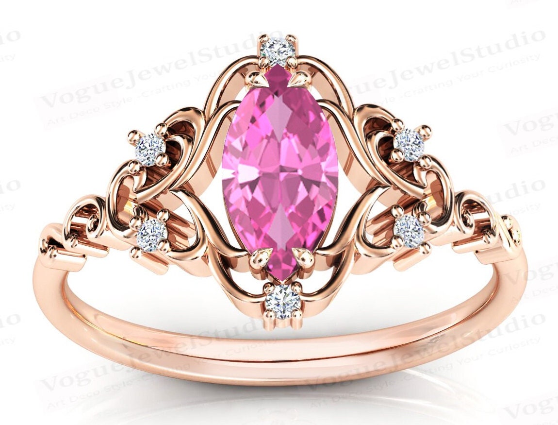 Art Deco Rosa Turmalin Verlobungsring 14K Rose Antik Ehering Filigran Vintage Brautring von VogueJewelStudio